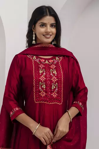 Red color vichitra silk floral embroidery kurta set with dupatta