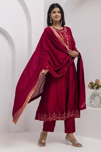 Red color vichitra silk floral embroidery kurta set with dupatta