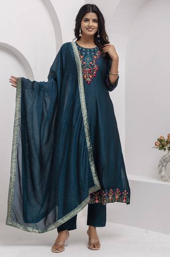 Teal blue color ethnic vichitra silk fabric floral embroidery kurta set with dupatta