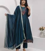 Teal blue color ethnic vichitra silk fabric floral embroidery kurta set with dupatta