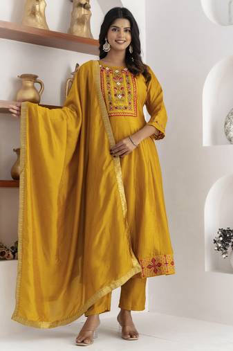 Yellow color ethnic vichitra silk fabric floral embroidery kurta set with dupatta