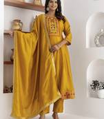Yellow color ethnic vichitra silk fabric floral embroidery kurta set with dupatta