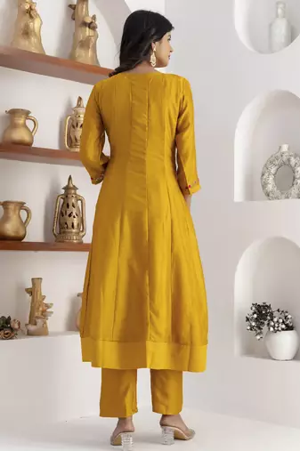 Yellow color vichitra silk floral embroidery kurta set with dupatta