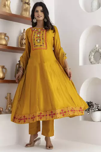 Yellow color vichitra silk floral embroidery kurta set with dupatta