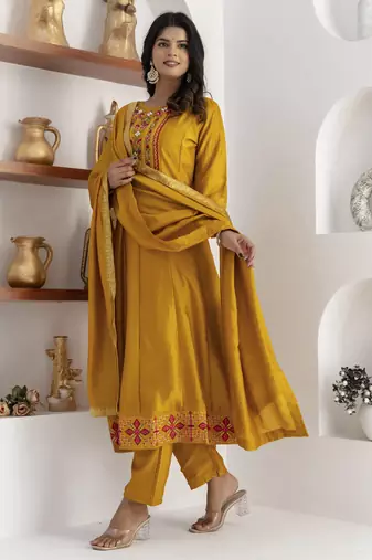 Yellow color vichitra silk floral embroidery kurta set with dupatta