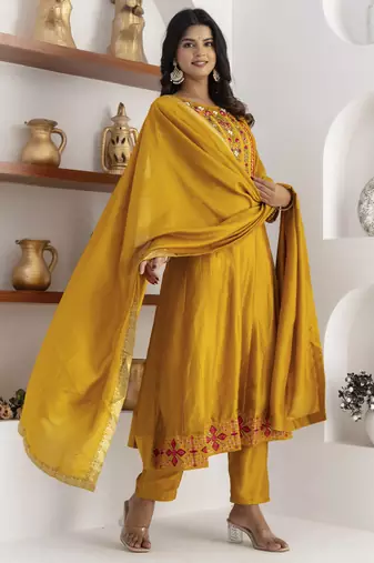 Yellow color vichitra silk floral embroidery kurta set with dupatta