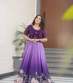 Purple color faux georgette digital printed with designer beads embroidery work partywear gown