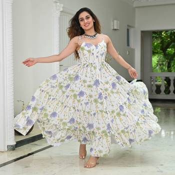 White color rayon fabric beautiful printed partywear long kurta 4