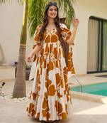 Mustard color rayon fabric beautiful printed partywear long kurta