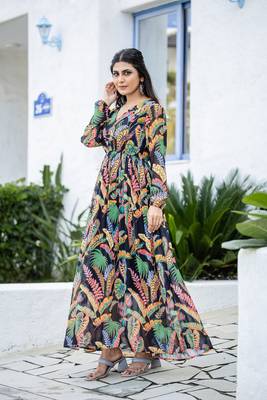 Black color rayon fabric designer printed ceremonial long kurta 4