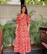 Red color rayon fabric designer printed ceremonial long kurta