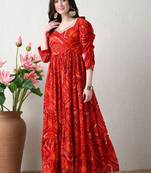 Red color rayon fabric designer printed ceremonial long kurta