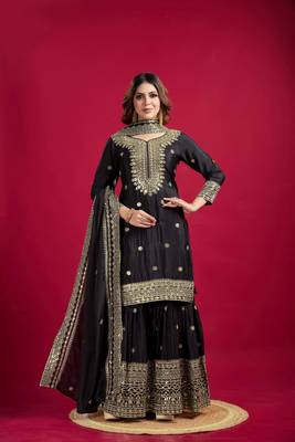 Black color heavy sequins work chinon fabric wedding wear sharara dress 1