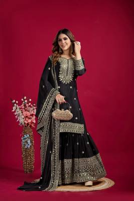 Black color heavy sequins work chinon fabric wedding wear sharara dress 3