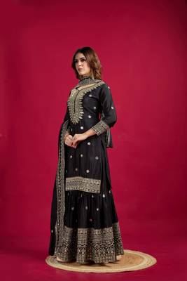 Black color heavy sequins work chinon fabric wedding wear sharara dress 4