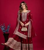 Maroon color heavy sequins work chinon fabric wedding wear sharara dress