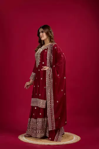 Maroon color heavy sequins work chinon fabric wedding wear sharara dress