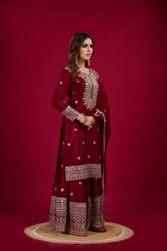 Maroon color heavy sequins work chinon fabric wedding wear sharara dress