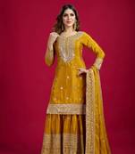 Mustard color heavy sequins work chinon fabric wedding wear sharara dress