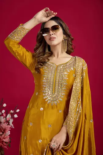 Mustard color heavy sequins work chinon fabric wedding wear sharara dress