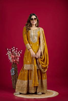 Mustard color heavy sequins chinon wedding wear sharara dress 4