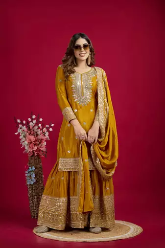 Mustard color heavy sequins work chinon fabric wedding wear sharara dress