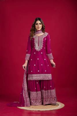 Pink color heavy sequins work chinon fabric wedding wear sharara dress 1