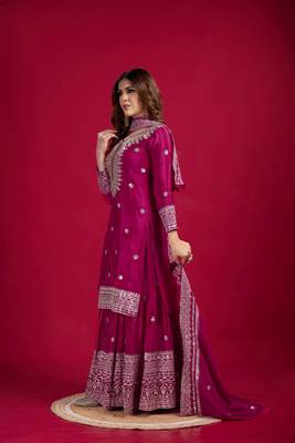 Pink color heavy sequins work chinon fabric wedding wear sharara dress 4