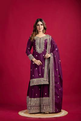 Wine color heavy sequins chinon wedding wear sharara dress 1