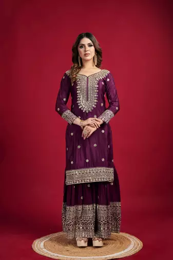 Wine color heavy sequins work chinon fabric wedding wear sharara dress
