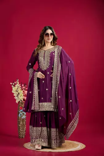 Wine color heavy sequins work chinon fabric wedding wear sharara dress