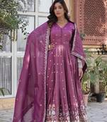 Onion viscose foil embroidery zari sequins flared gown with heavy dupatta
