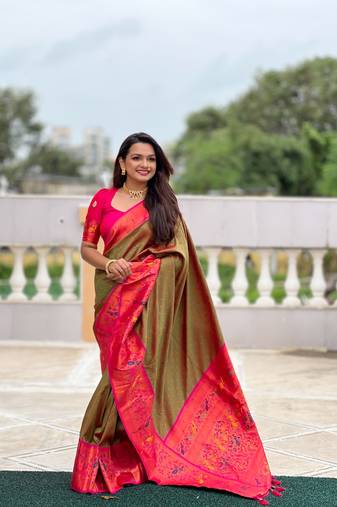 Mehendi paithani silk blend saree with zari weaving  meenakari border