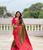 Mehendi paithani silk blend saree with zari weaving meenakari border