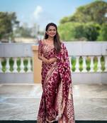 Darkpink dola silk blend saree with zari weaving meenakari border