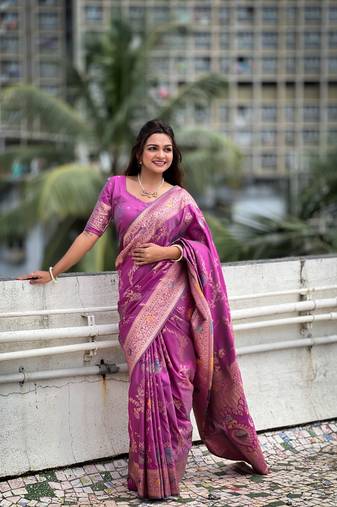 Purple banarasi silk blend saree with zari weaving meenakari border