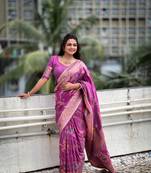 Purple banarasi silk blend saree with zari weaving meenakari border