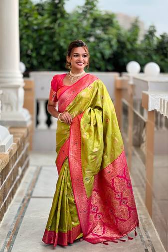 Lime banarasi silk blend saree with zari weaving meenakari border