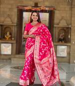 Pink banarasi silk blend saree with zari weaving meenakari border