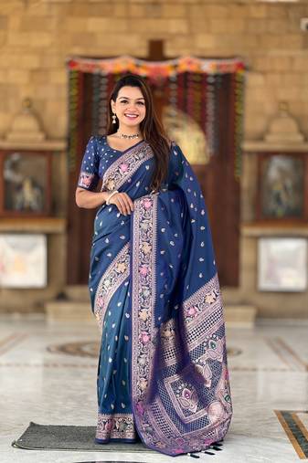 Blue banarasi silk blend saree with zari weaving meenakari border