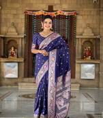 Navyblue banarasi silk blend saree with zari weaving meenakari border