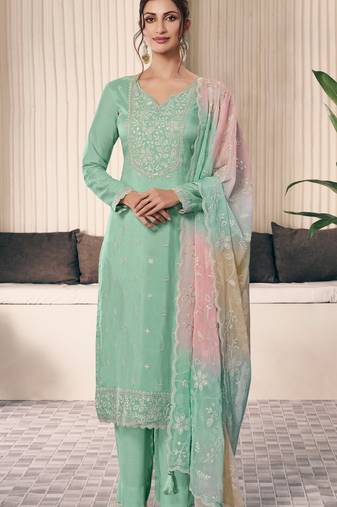 Mint green Embroidered silk salwar suit