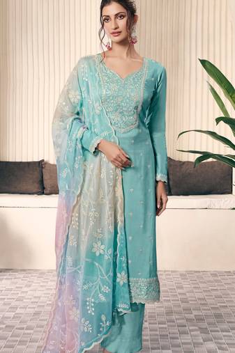 Aqua blue Embroidered silk salwar suit