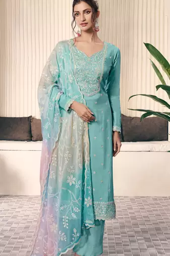 Aqua blue Embroidered silk salwar suit