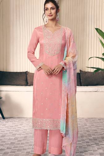 peach Embroidered silk salwar suit