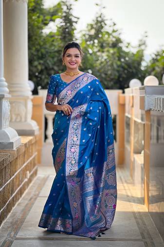 Aqua banarasi silk blend saree with zari weaving meenakari border