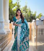 Aqua banarasi silk blend saree with zari weaving meenakari border