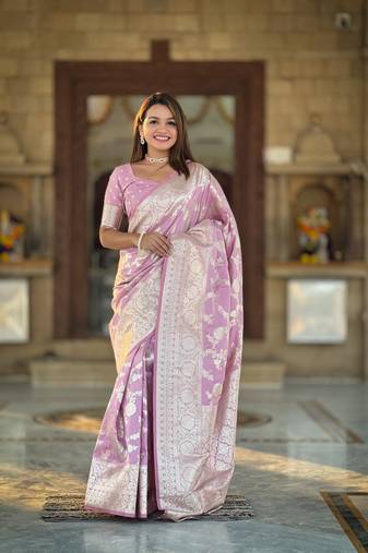 Light pink banarasi silk blend saree with zari weaving meenakari border