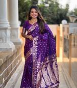 Lavender banarasi silk blend saree with zari weaving meenakari border
