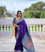 Blue paithani silk blend saree with zari weaving meenakari border